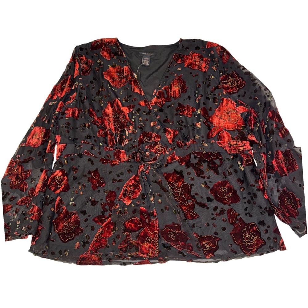 Anne Carson Woman Red Velvet Burnout Rose Wrap Top Blouse 22/24 Plus NEW